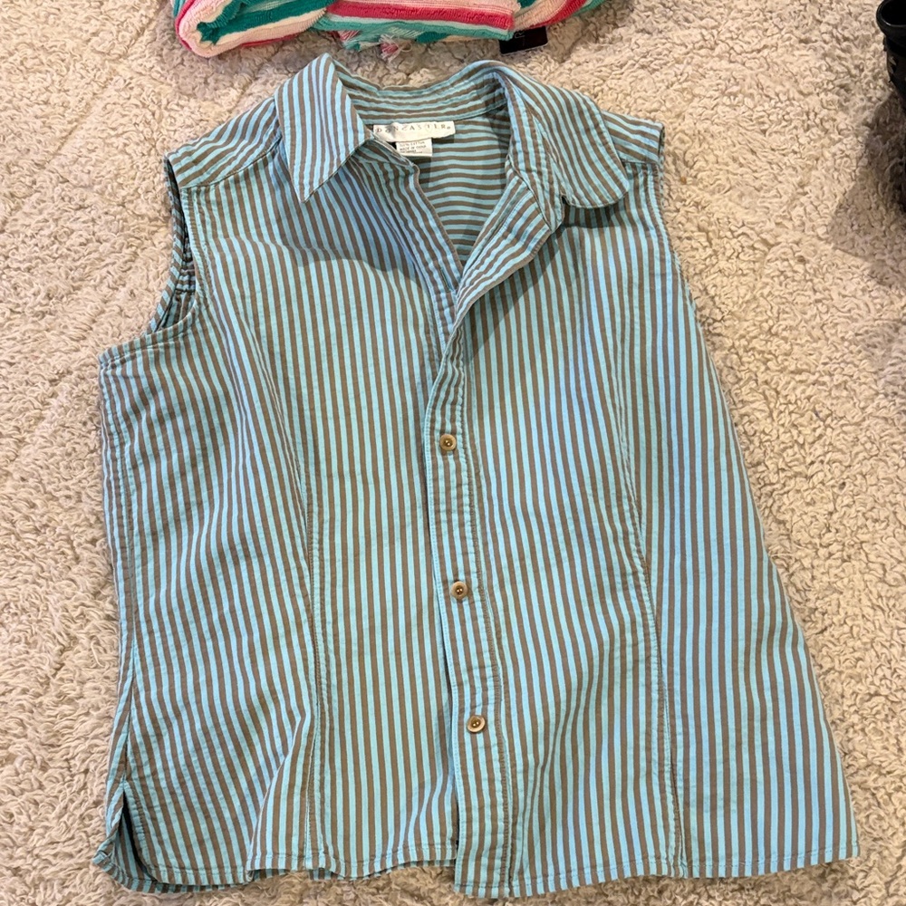Doncaster Sleeveless Striped Button-Front Top - Blue & Brown